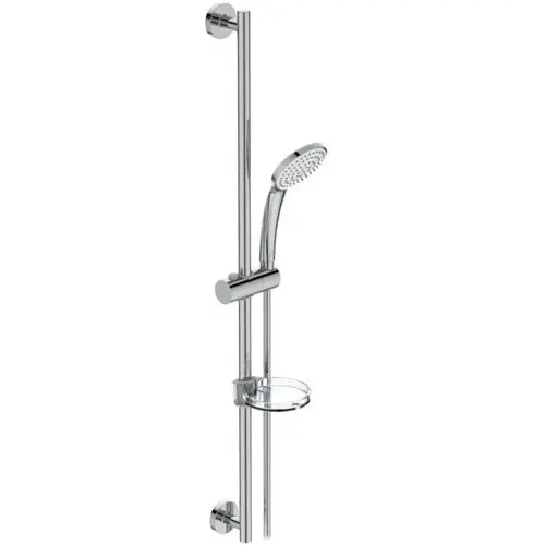 Brausekombination von Ideal Standard mit einer Handbrause und Halterung, verchromt, montiert an einer vertikalen Stange, mit Ablagefläche für Duschutensilien.